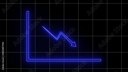 Blue color glowing neon downward business graph symbol with grid on black background