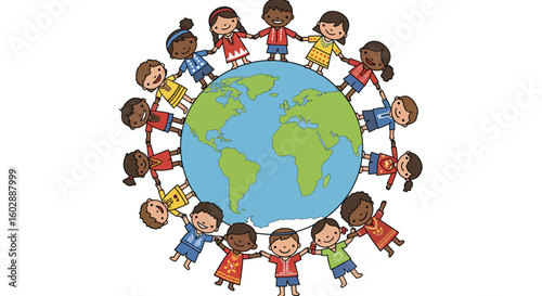 Diverse Children Holding Hands Around the Earth, Celebrating Unity and Peace