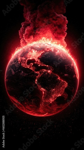 A fiery, red-hued Earth engulfed in flames and smoke, suggesting environmental disaster or global warming.  The continents are faintly visible through the inferno