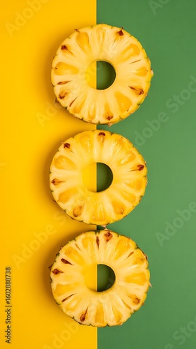 Three perfectly round pineapple rings positioned linearly across a background