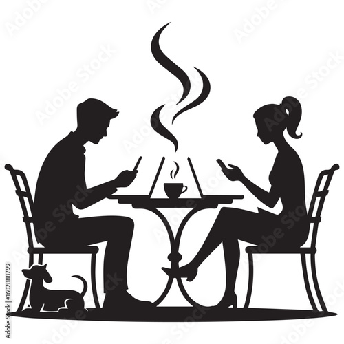 Couple sitting at a cafe table with steaming coffee cups and smartphones a small dog nearby