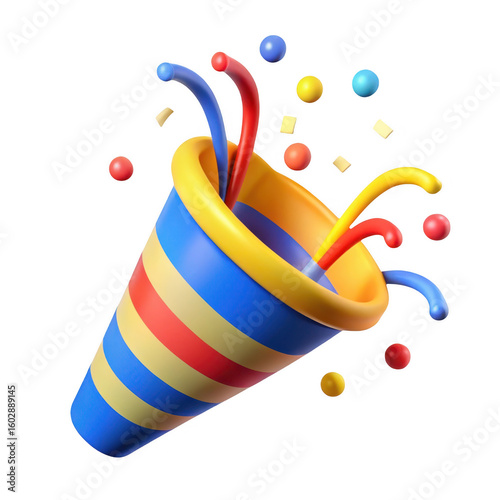Colorful party popper exploding with confetti and streamers isolated on transparent background