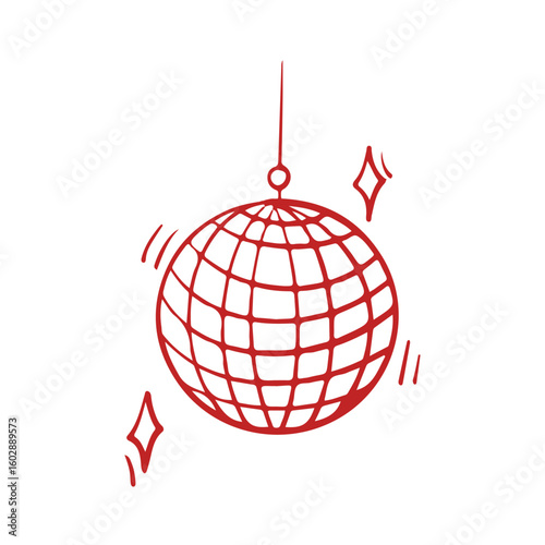 Disco ball doodle hand drawn icon. Outline drawing disco ball for party line clipart symbol. Disco ball for weddings and birthdays. Vector illustration in red