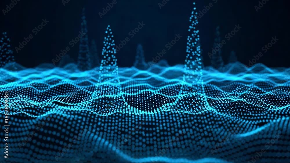 A glowing blue digital landscape of abstract particles forms a dynamic wave pattern with sharp peaks against a dark background
