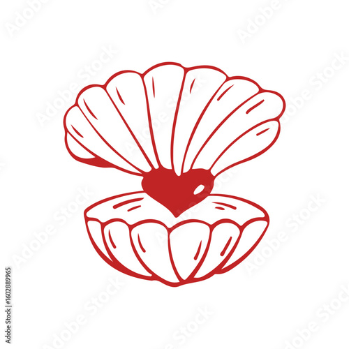 Pearl in oyster shell, vector illustration with doodle style. Round sea shell in red color. Open shell with heart. Wedding day, Valentines day