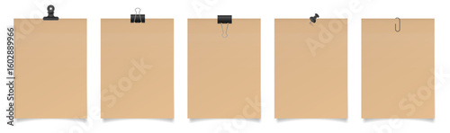 Set of large paper notes with binder clips, bulldog clip, paper clip and push pin. Light brown sheets of paper. Black holders