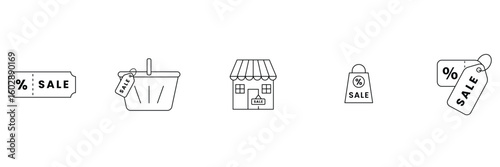 Summer shopping discount offer store tag coupon basket bag label price deal icon vector illustration for promotion and retail sale.