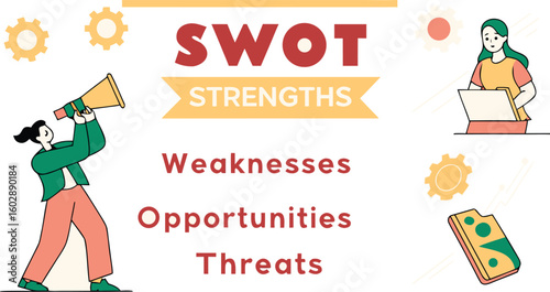 Illustration of swot analysis with strengths weaknesses opportunities and threats with people and gears