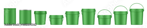 Green buckets and tin jars. Mockup of plastic buckets with handle and lid. Small, medium and large sizes. Tin can