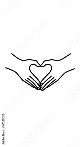 Two hands making a heart shape, black outline, love symbol.