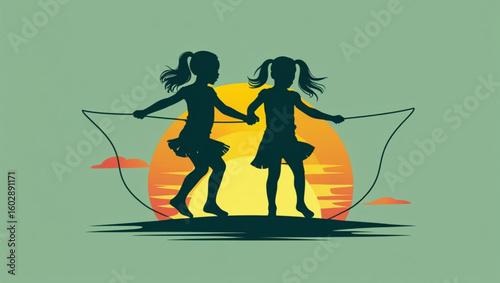 Girls Jumping Rope Together at Sunset Silhouette