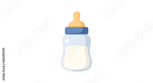 Cartoon Baby Bottle with Milk, Nipple, Blue Ring, and Clear Glass.