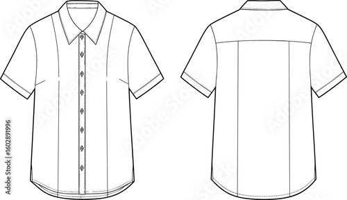 Short sleeve shirt fashion flat, button down cad drawing, vector front and back technical sketch, apparel template, clothing design illustration