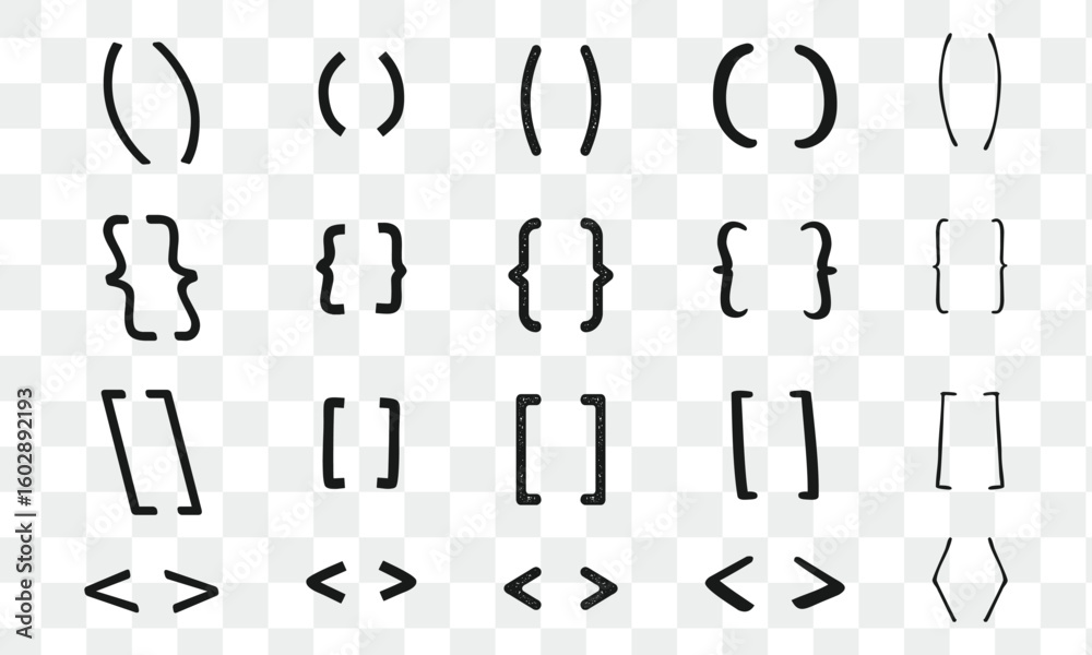 Set of text brackets, braces, quote, text box icons Set of text brackets, braces, quote, text box icons