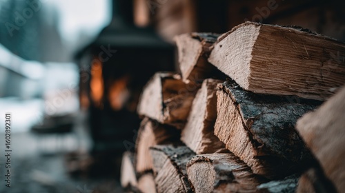Wallpaper Mural Close-up of neatly stacked firewood logs in front of a blurred background showing a glowing fireplace, suggesting warmth and coziness of a rustic setting Torontodigital.ca