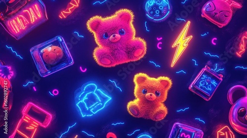 Neon toys and accessories pattern, whimsical and colorful.