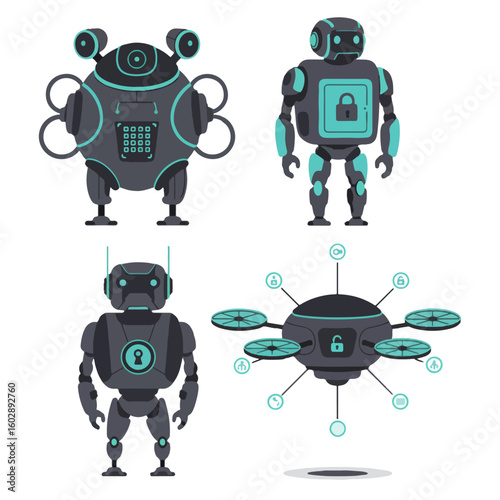 set illustration vector grahic of secret vault guardian robots