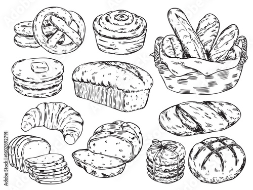 Set of hand drawn pastries, loaf of bread, basket with bread outline drawing illustration