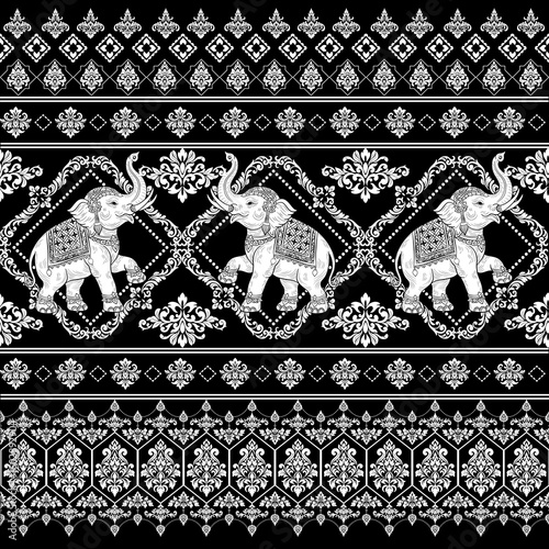 Thai traditional Ethnic elephant pattern vector, hand drawn, Aztec, tile, embroidery illustration design.