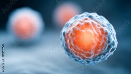 A close-up, highly detailed illustration of a glowing biological cell suspended in a blue, blurry environment.