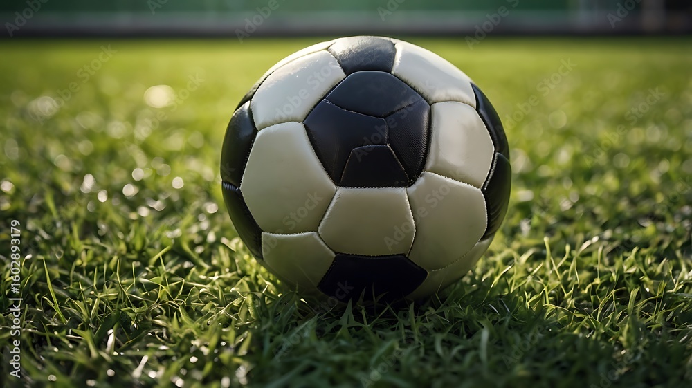 Fototapeta premium A realistic black and white soccer ball on green grass field, under natural light. Shallow depth, cinematic style, peaceful and professional look