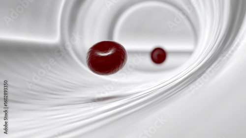 A close-up, detailed view of red blood cells flowing through a smooth, abstract white vessel or artery.