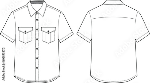 Short sleeve shirt technical flat sketch, front and back view, button front design, collar, chest flap pockets, vector CAD drawing