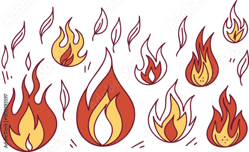 Fiery orange and yellow vector flame icons illustrate burning heat and danger on a white background