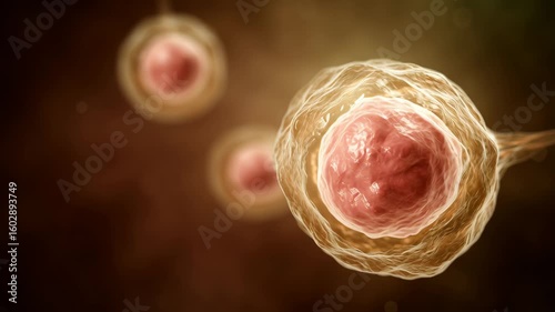 A close-up view of several biological cells with nuclei, shown in a soft-focus, scientific style.