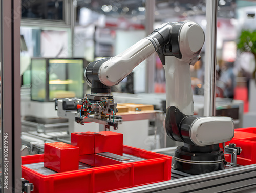 Robotic clamp arm manipulator moving red toy blocks at modern robot trade show exhibition, pick and place, engineering