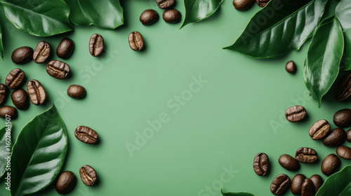 flat lay coffee beans with green leaves against matte green background. 3d illustration.