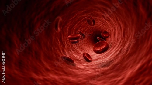 Red blood cells flowing through a blood vessel in a detailed, close-up biological illustration.