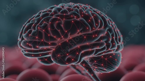 A close-up digital rendering of a textured, abstract surface with red network connections forming a web across the structure.