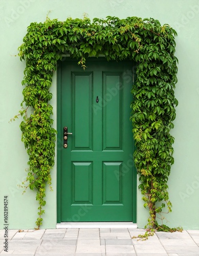 green door with lush green vine on a light green wall	