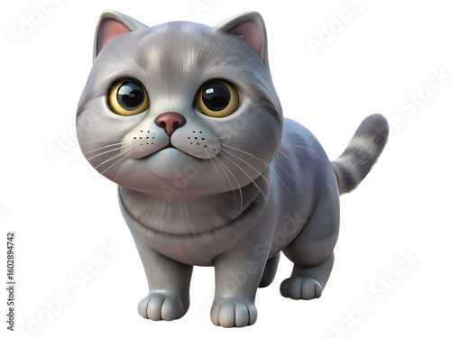 3D icon illustration of gray Scottish Fold cat on transparent background