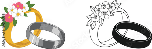 Wedding rings gold silver with flowers vector illustration marriage proposal design