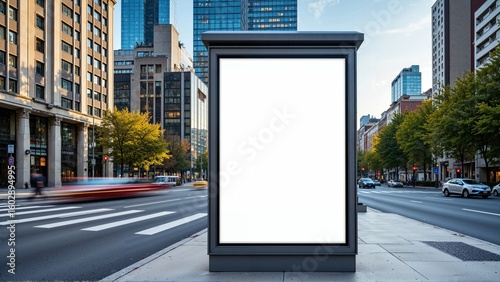 Blank vertical bus stop billboard on busy city street with modern buildings and motion blur traffic, perfect for urban advertising mockup and branding presentation
