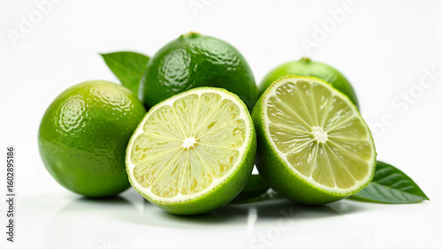 Whole and halved limes with visible seeds and juicy flesh are isolated on a white background. Suitable for food, beverage, nutrition, and healthy lifestyle concepts in digital or print media.