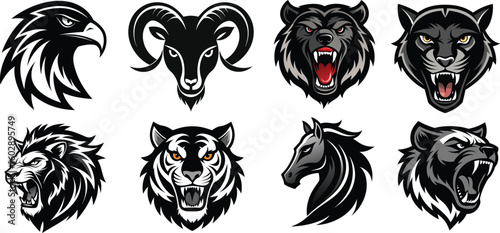 Vector illustration of a set of animal heads of falcon, ram, bear, panther, lion, tiger, and horse