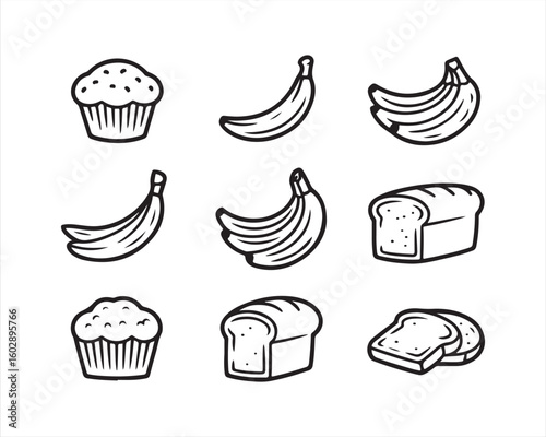 Bakery Food Icons – Muffin Banana Bread Toast Vector Set