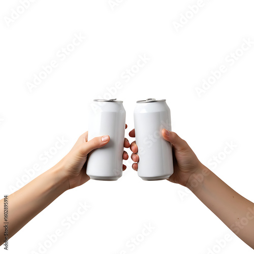 Two hands clinking white beverage cans isolated on transparent background