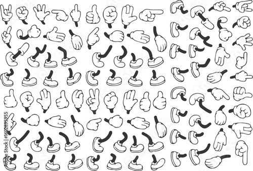 Retro cartoon legs and hands, Hands with gloves and feet with boots, various poses for characters, a set of poses, gestures, placement of hands and feet.
Cartoon set of limbs. Mascot character set