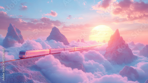 Pink Sunset Train Journey Above Clouds and Mountains