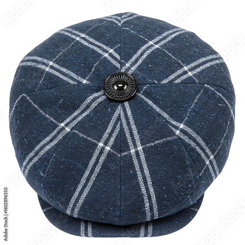 Dark blue plaid newsboy cap isolated on transparent background