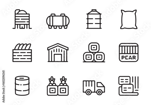 Collection of agricultural and industrial icons including silo truck barrel and bags grain storage industrial building