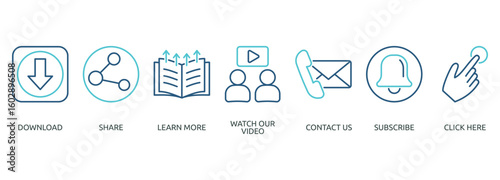 call to action outline color banner icon of download, share, learn more, watch our video, contact us, subscribe, click here