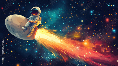 Pixel Art Astronaut Riding a Meteor Through a Vibrant Galaxy