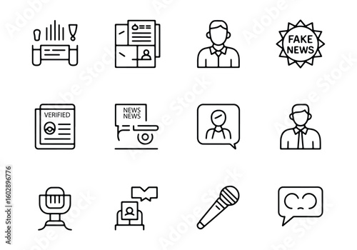 Collection of black outline icons related to news and communication media information
