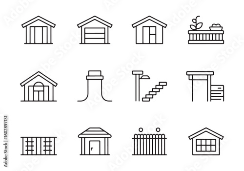 Collection of simple line art icons depicting various buildings and outdoor elements house shed