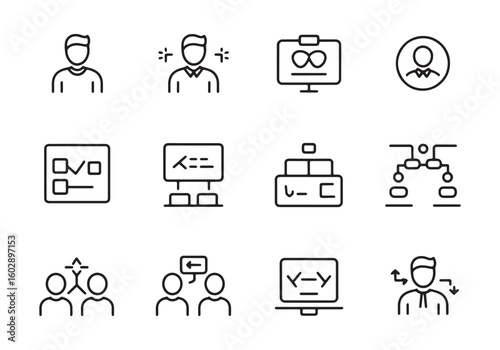 Collection of simple black line art icons representing business and technology concepts people communication